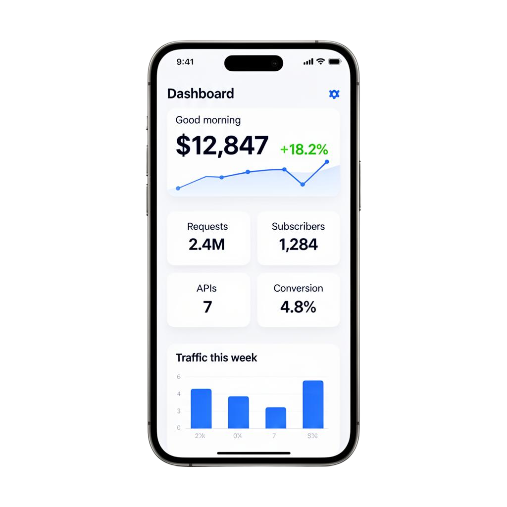 Rapidash dashboard screen showing revenue, requests, subscribers and traffic chart